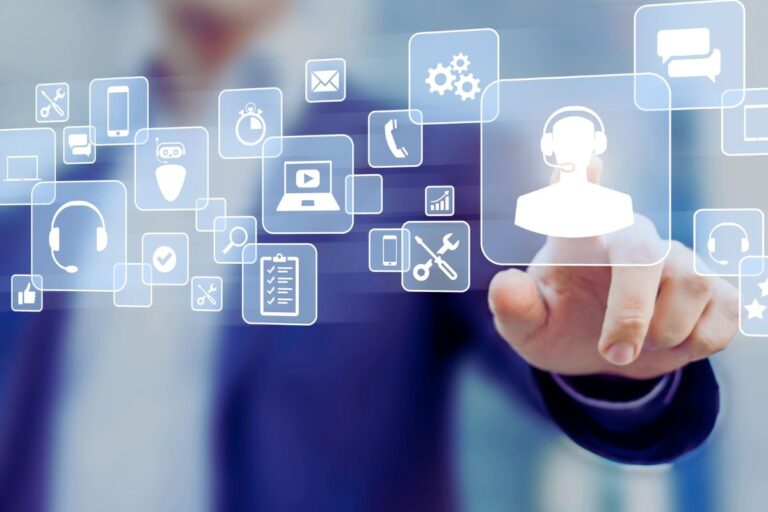 man pointing to a user in a 3D selection of icons