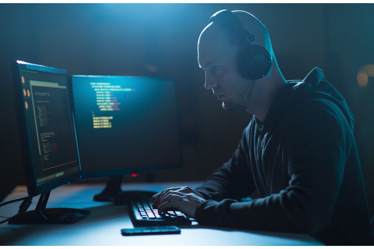 man in a dark room with computers hacking