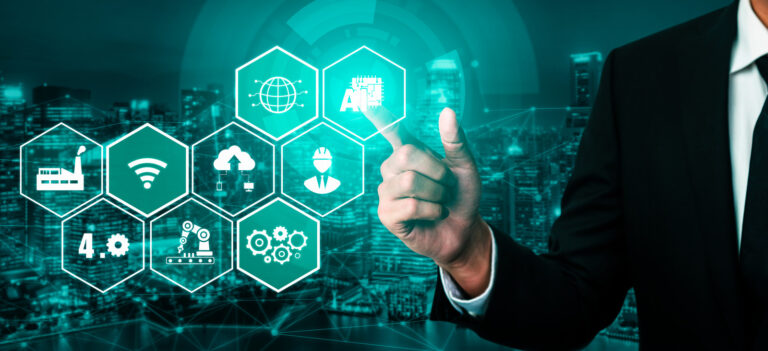 Man in a suit pointing to an icon for AI