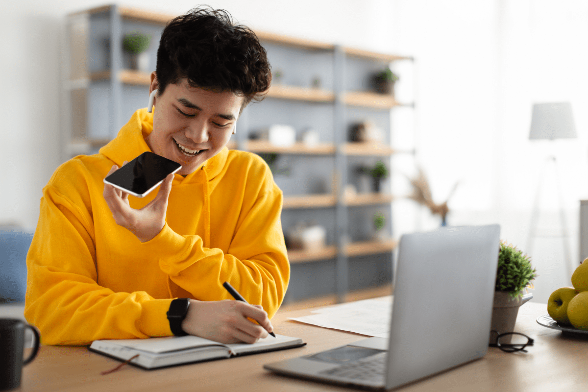 VA wearing a yellow hoodie on a call