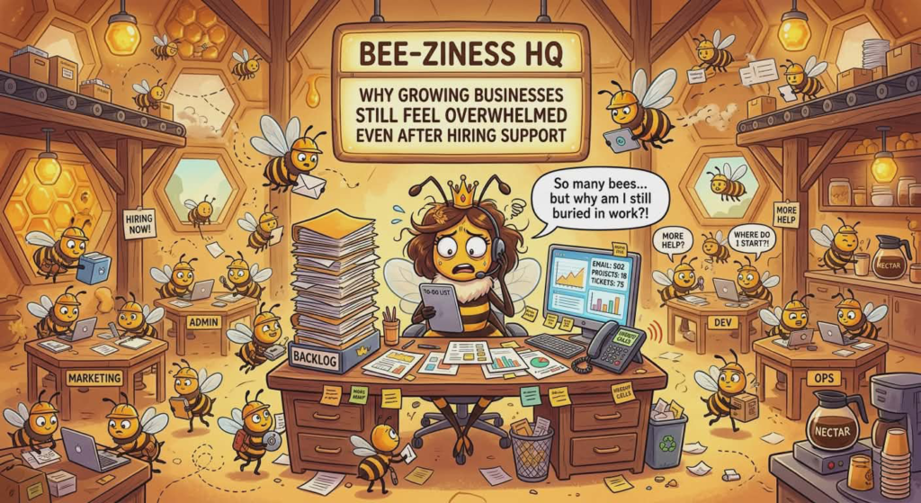 Bee hive in an office section animated queen bee overwhelmed with work with other worker bees doing their tasks